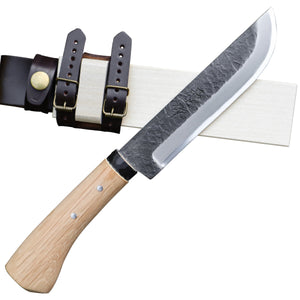 キャンプ剣鉈 150 白鋼 黒槌目 黒丸輪 樫柄 木鞘革バンド 晶之作