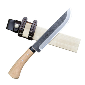 キャンプ剣鉈 180 白鋼 黒槌目 黒丸輪 樫柄 木鞘革バンド 晶之作