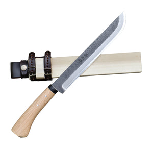 キャンプ剣鉈 240 白鋼 黒槌目 黒丸輪 樫柄 木鞘革バンド 晶之作