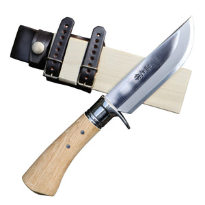 有害駆除剣鉈120 白鋼 磨 樫柄 ステンツバ輪 木鞘革バンド 晶之作