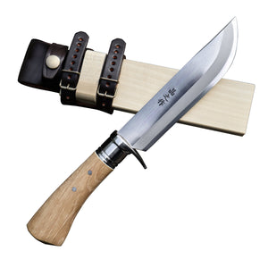 有害駆除剣鉈150 白鋼 磨 樫柄 ステンツバ輪 木鞘革バンド 晶之作