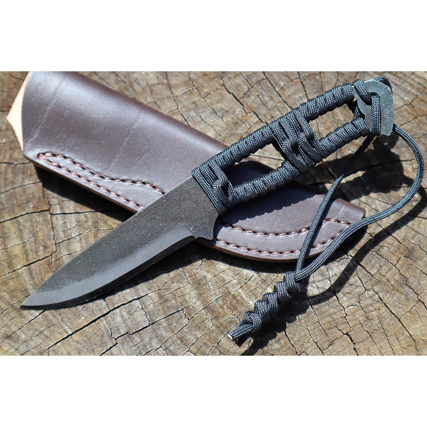 アウトドアナイフ:MASANO 白鋼 パラシュートコード 黒 皮ケース 晶之作