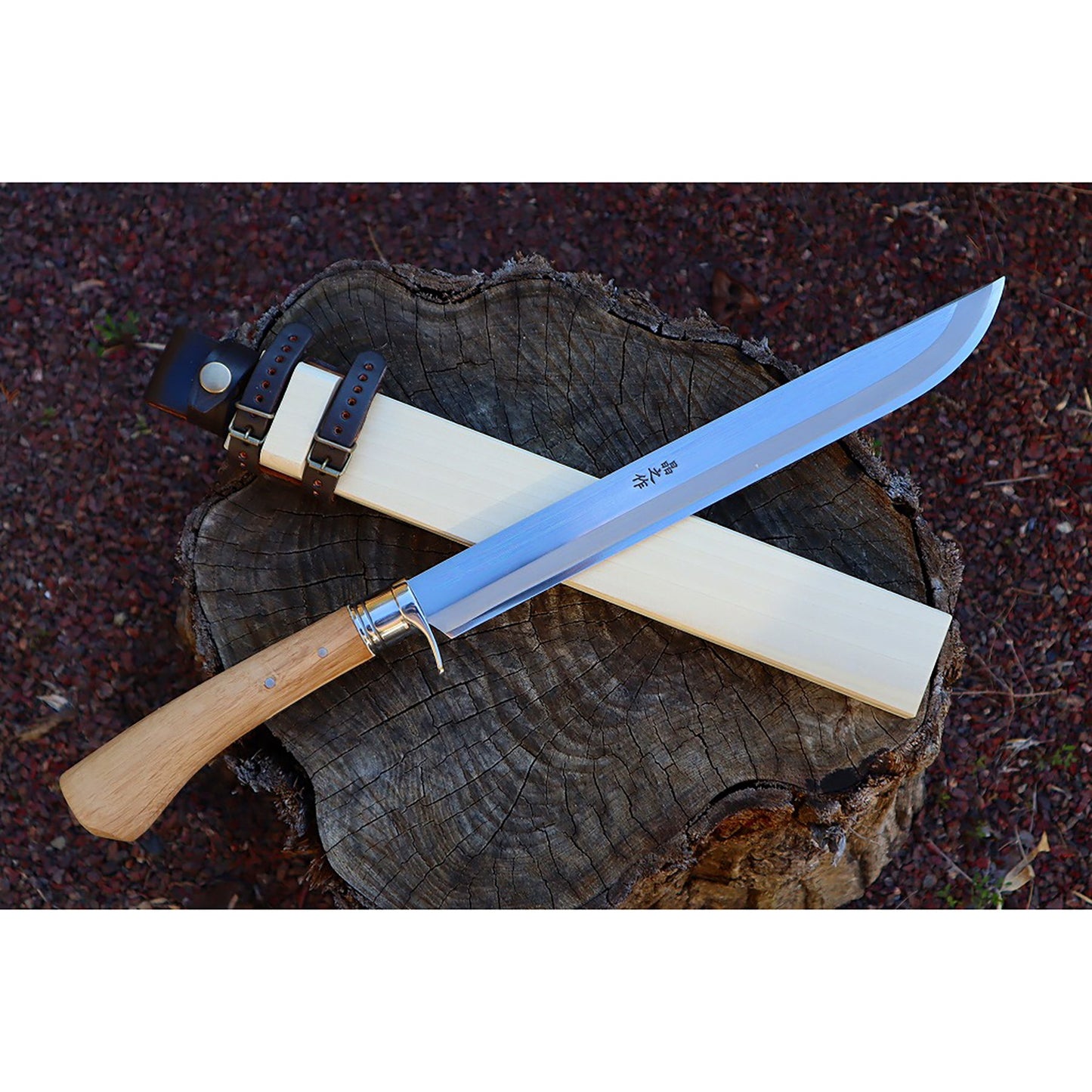 有害駆除剣鉈300 白鋼 磨 樫柄 ステンツバ輪 木鞘革バンド 晶之作