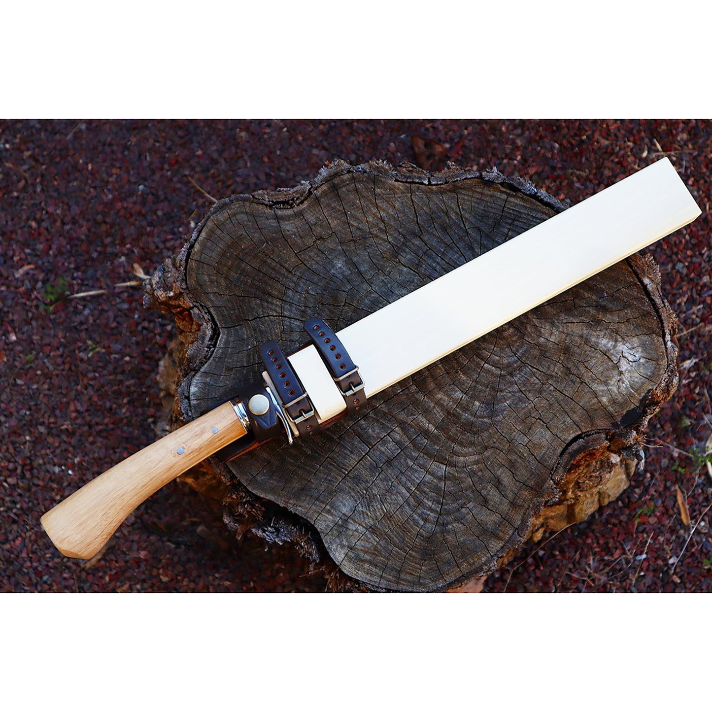 有害駆除剣鉈300 白鋼 磨 樫柄 ステンツバ輪 木鞘革バンド 晶之作