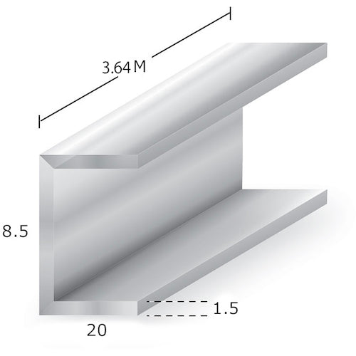 アルミチャンネル アルマイト付 t1.5X8.5X20X3.64m シルバー