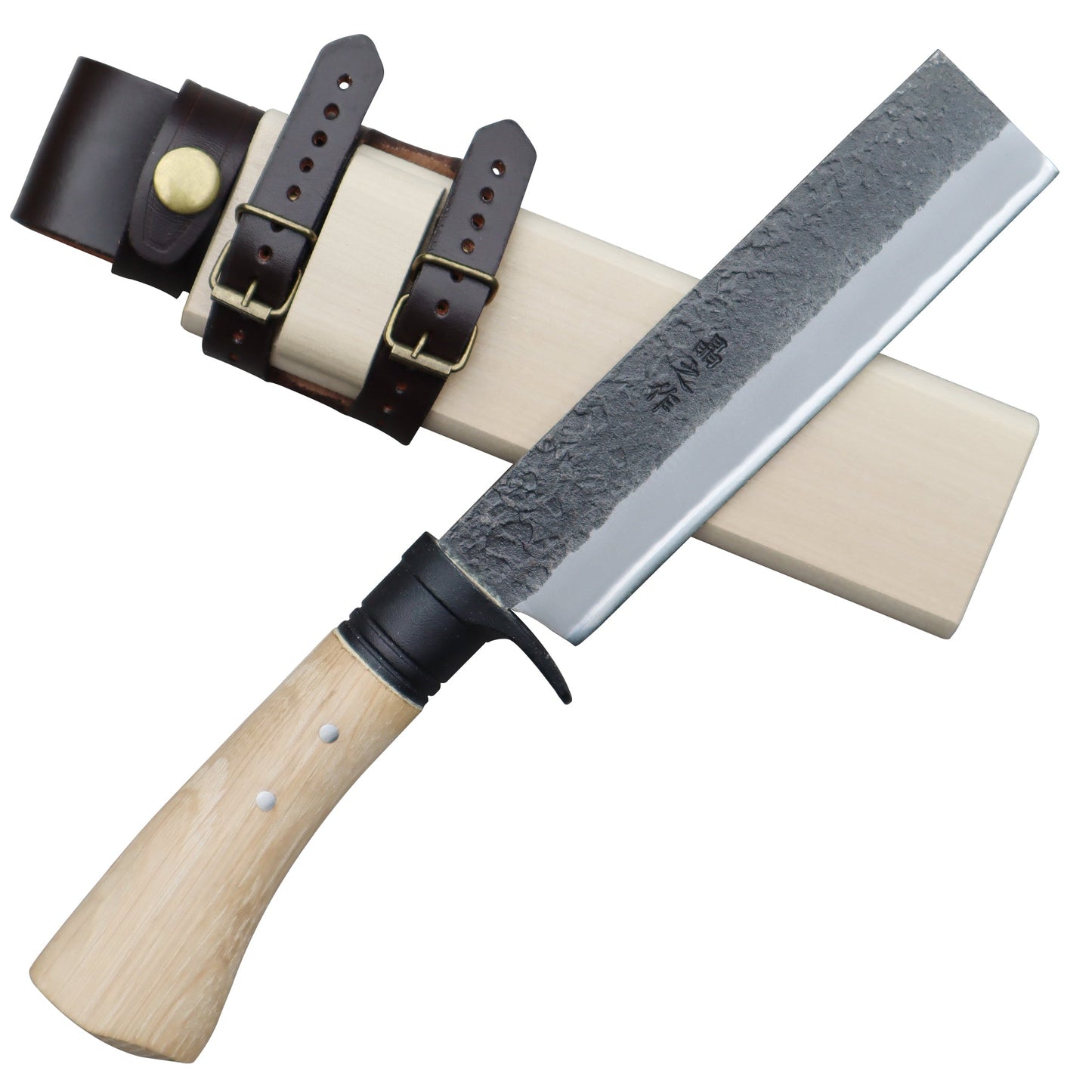 竹割鉈 180  黒 白鋼  白木鞘 皮バンド