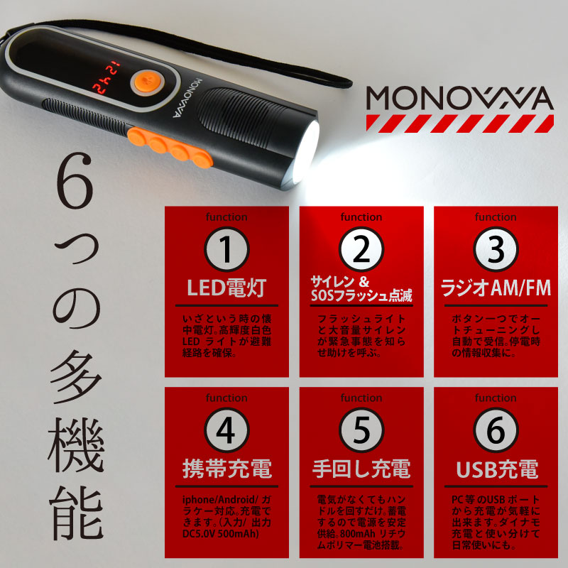 多機能防災ラジオ 手回し充電可能 軽量 懐中電灯 スマホ充電対応 SOS機能付き
