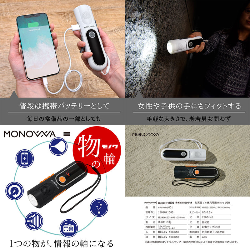 多機能防災ラジオ 手回し充電可能 軽量 懐中電灯 スマホ充電対応 SOS機能付き