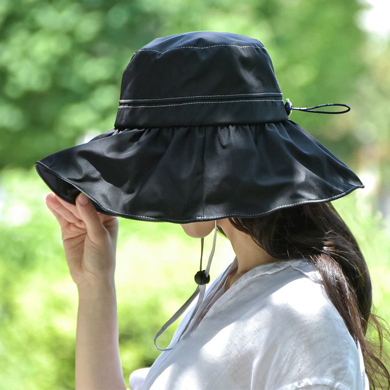 UVギャザーハット UPF50+ 遮光遮熱 折り畳み 風に強い つば広 ブラック