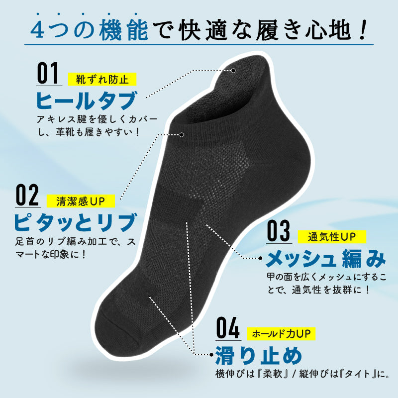 メンズくるぶしソックス 吸汗速乾 ズレ防止 ヒールタブ付き ブラック 4足セット