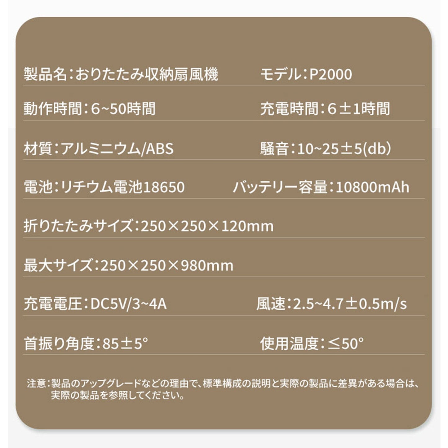 扇風機 5枚羽 P2000 折りたたみ コードレス 首振り 伸縮式 リモコン USB充電 タイマー付き 高さ調節 コンパクト 収納