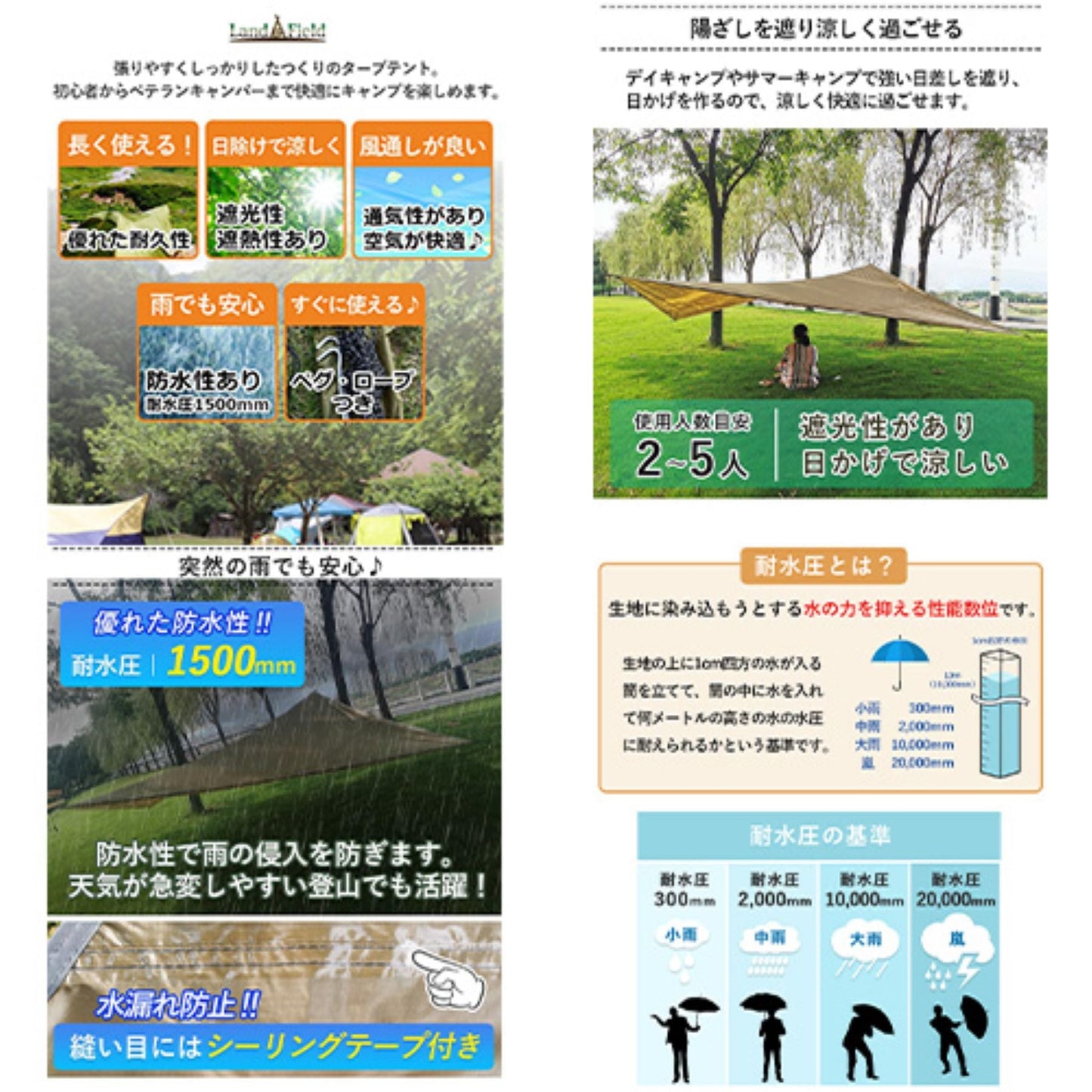 ひし形タープテント 3~5人用 丈夫 防水 収納袋付 簡易テント アウトドア用品