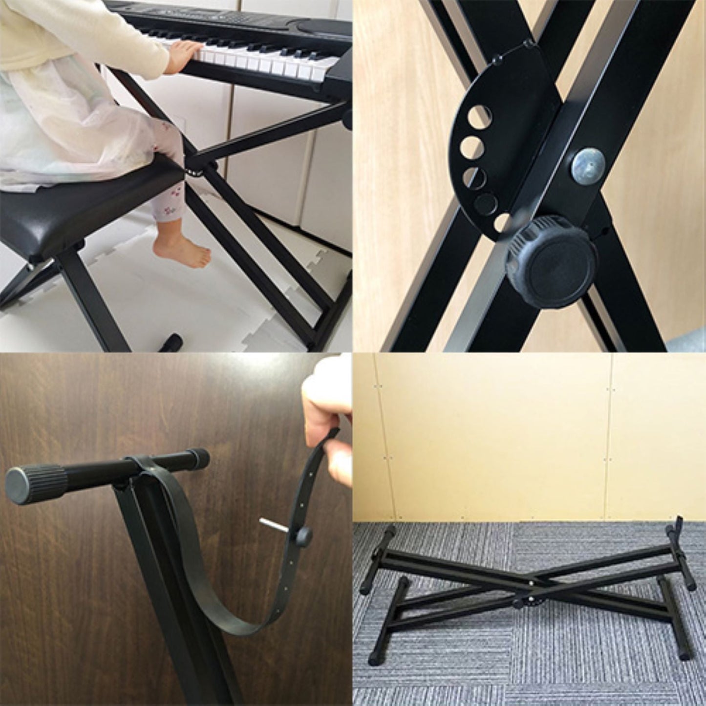 キーボードスタンドX型 高さ7段階調節 軽量 折り畳める 滑落防止ストラップ付