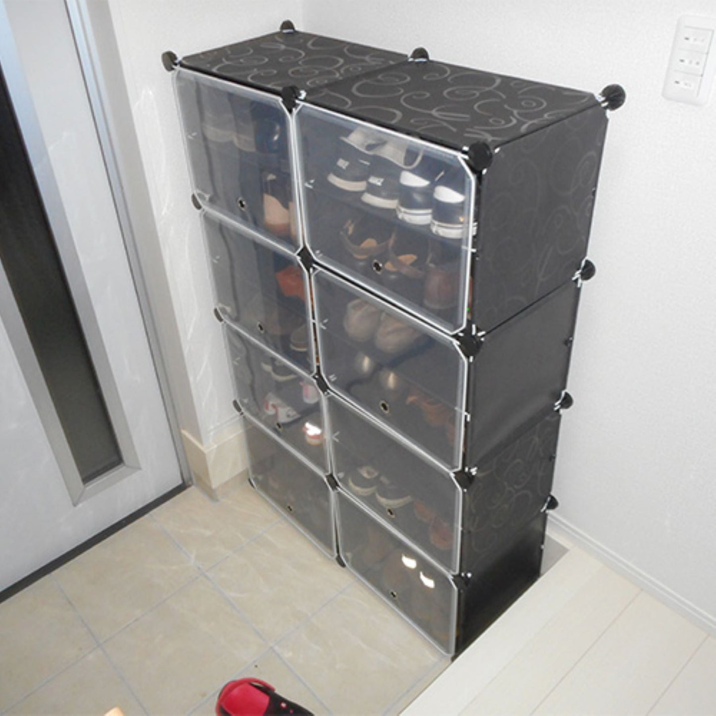 組立式シューズボックス 組替自由 工具不要 扉付 最大48足 多用途 ブラック