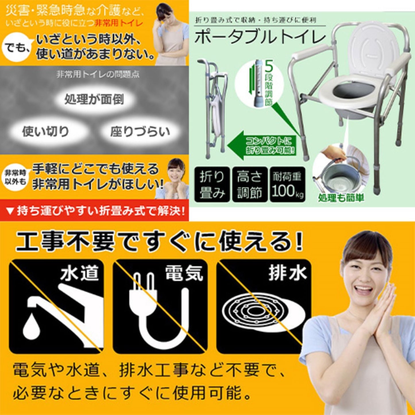 折りたたみ式ポータブルトイレ 手すり付 高さ5段階調節 滑り防止 処理簡単 介護