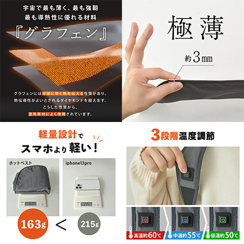 USB電熱ベスト 見えない 発熱インナー 中綿 3段階調温 速暖 防寒 M GY