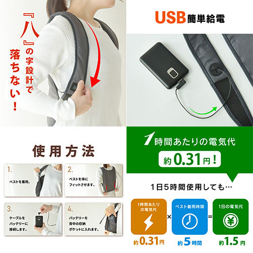 USB電熱ベスト 見えない 発熱インナー 中綿 3段階調温 速暖 防寒 L GY