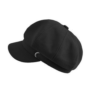 キャスケット レディース 秋冬 帽子 ワンポイント付 韓国風 サイズ調節可 BK