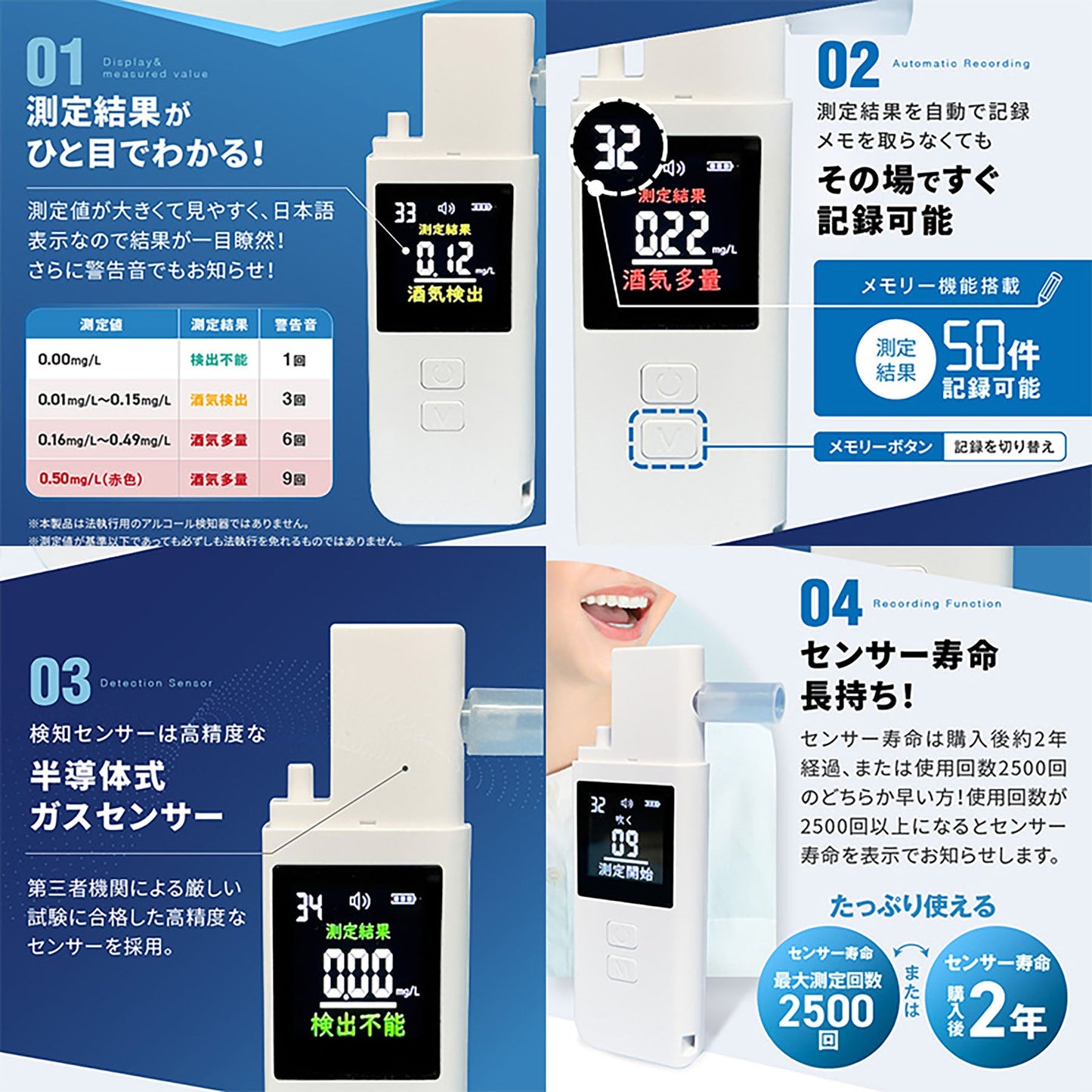 オムニ 日本製アルコール検知器 充電式 コンパクト 簡単操作 デジタル表示