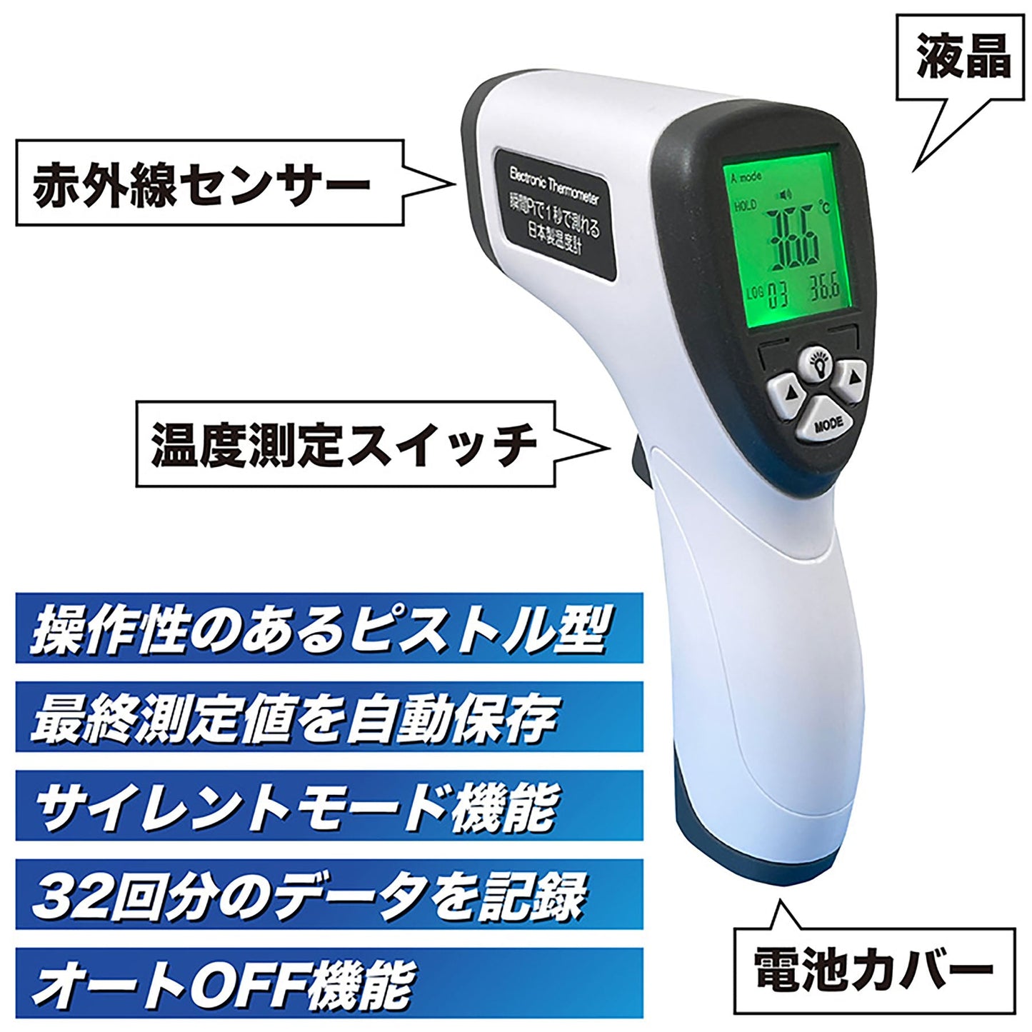 オムニ 瞬間Pi!1秒で測れる非接触式電子温度計 日本製 体温物温測定 3色表示