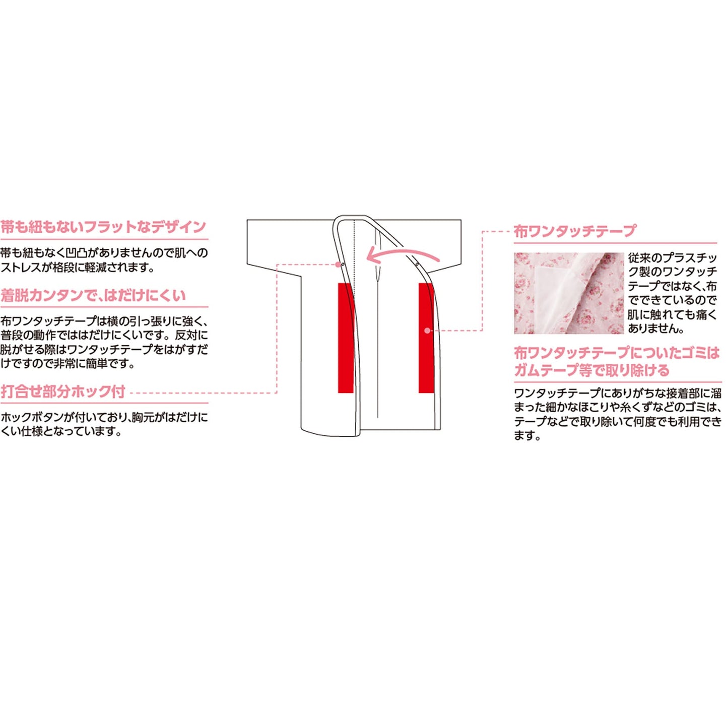 ヒモなしやわらかワンタッチねまき 綿100% 脱ぎ着簡単 婦人用 PK M