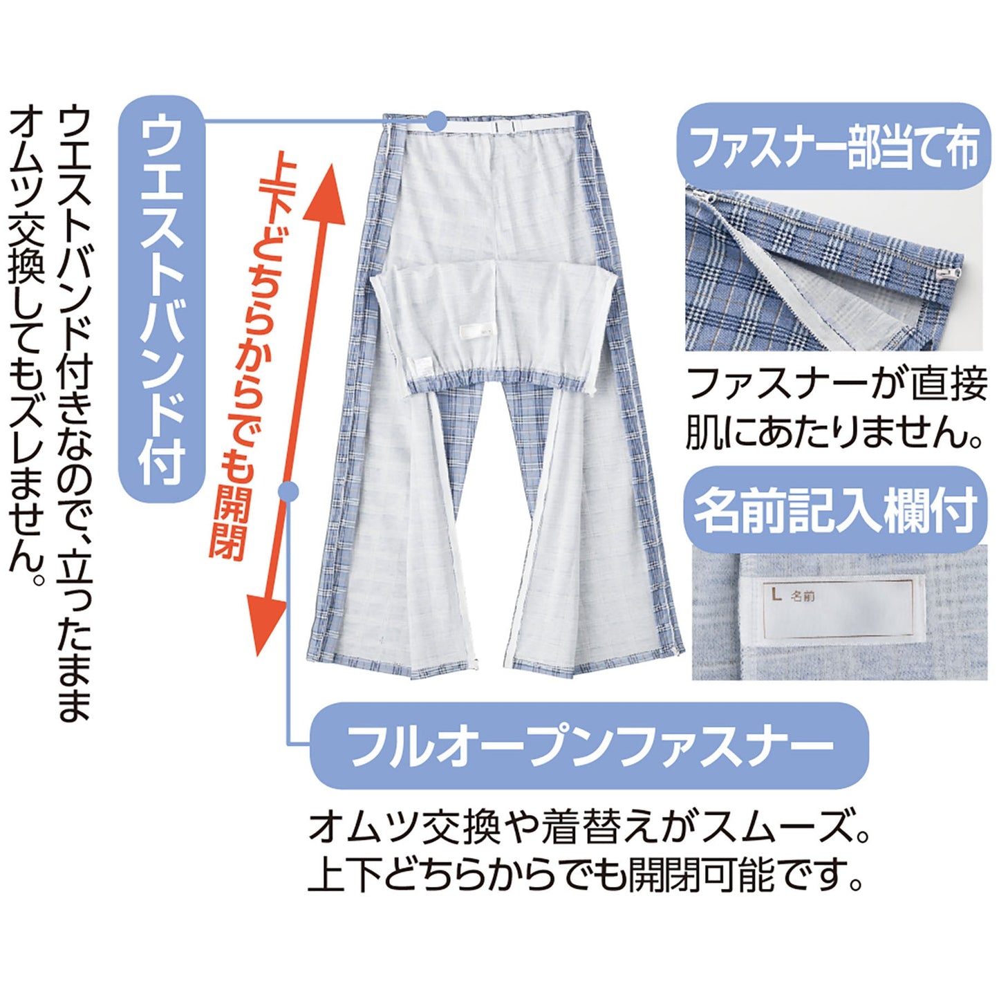 フルオープン洗い替えパンツ 両脇全開 オムツ交換便利 通年 紳士用 BL M