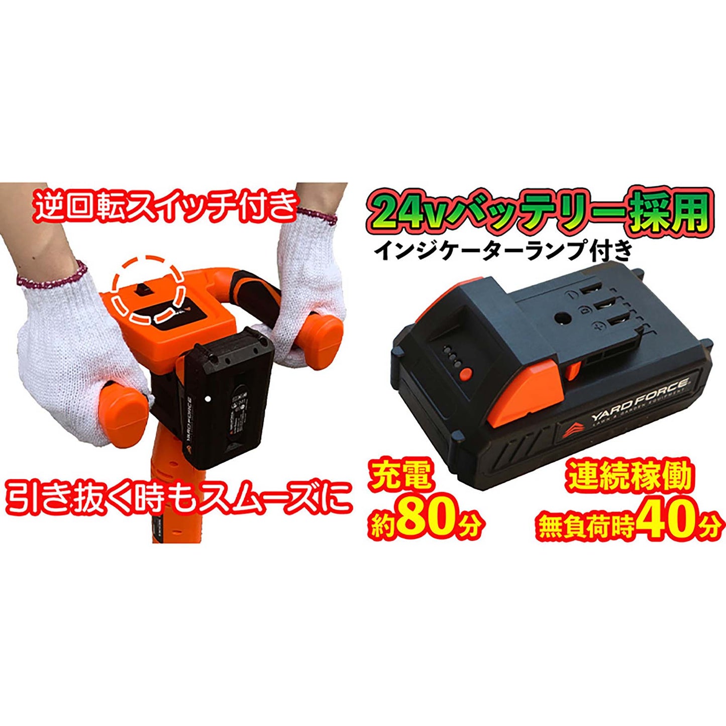 YARDFORCE 24Vコードレス電動穴掘り機 杭打ち 追肥 支柱差し 種まき