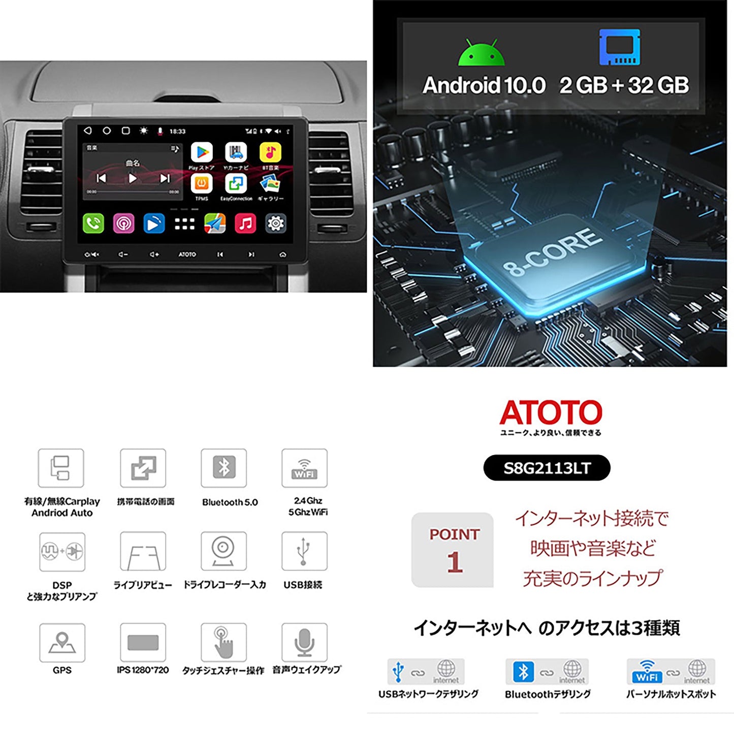 ATOTO S8 車載カーナビ S8G2113LT 10.1インチ 後付け カーオーディオ