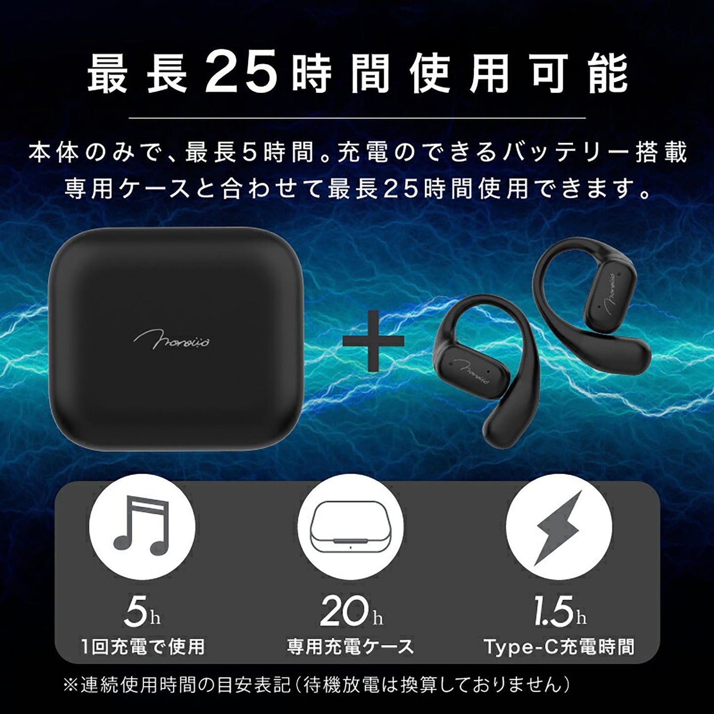 bluetooth耳掛けワイヤレスイヤホン 25H連続再生 落ちにくい ブラック