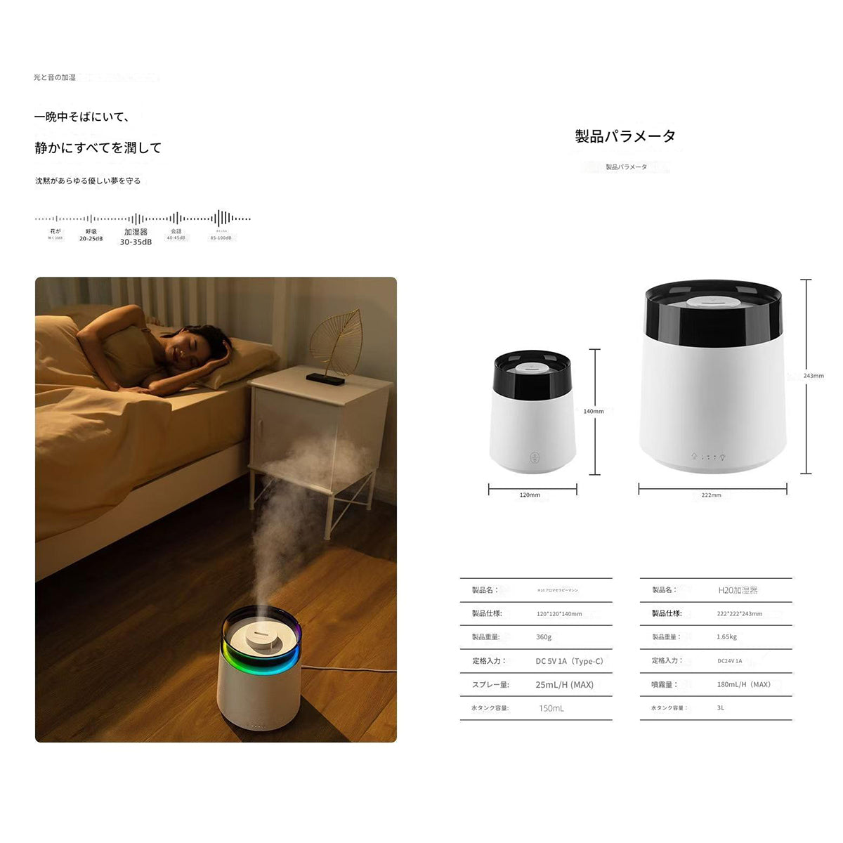 イルミネーション加湿器3000mlホワイトH20