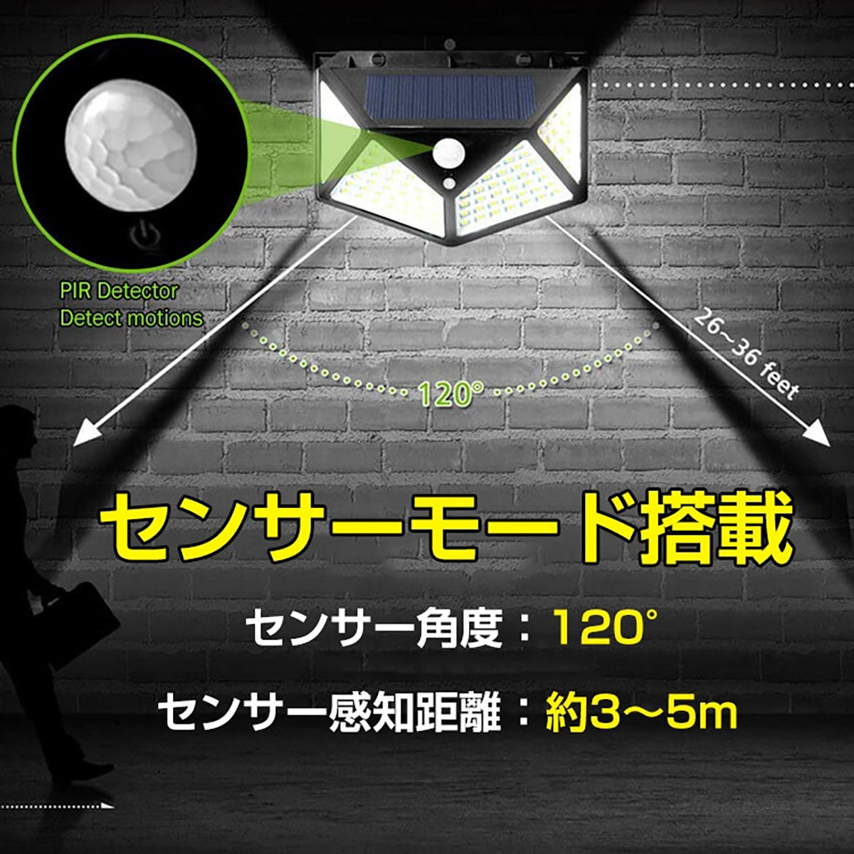 ソーラーセンサーライト 防犯対策 4面発光 2個入り