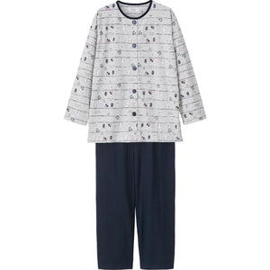 天竺ねこボーダー大きめボタンパジャマ グレー M/L/LL