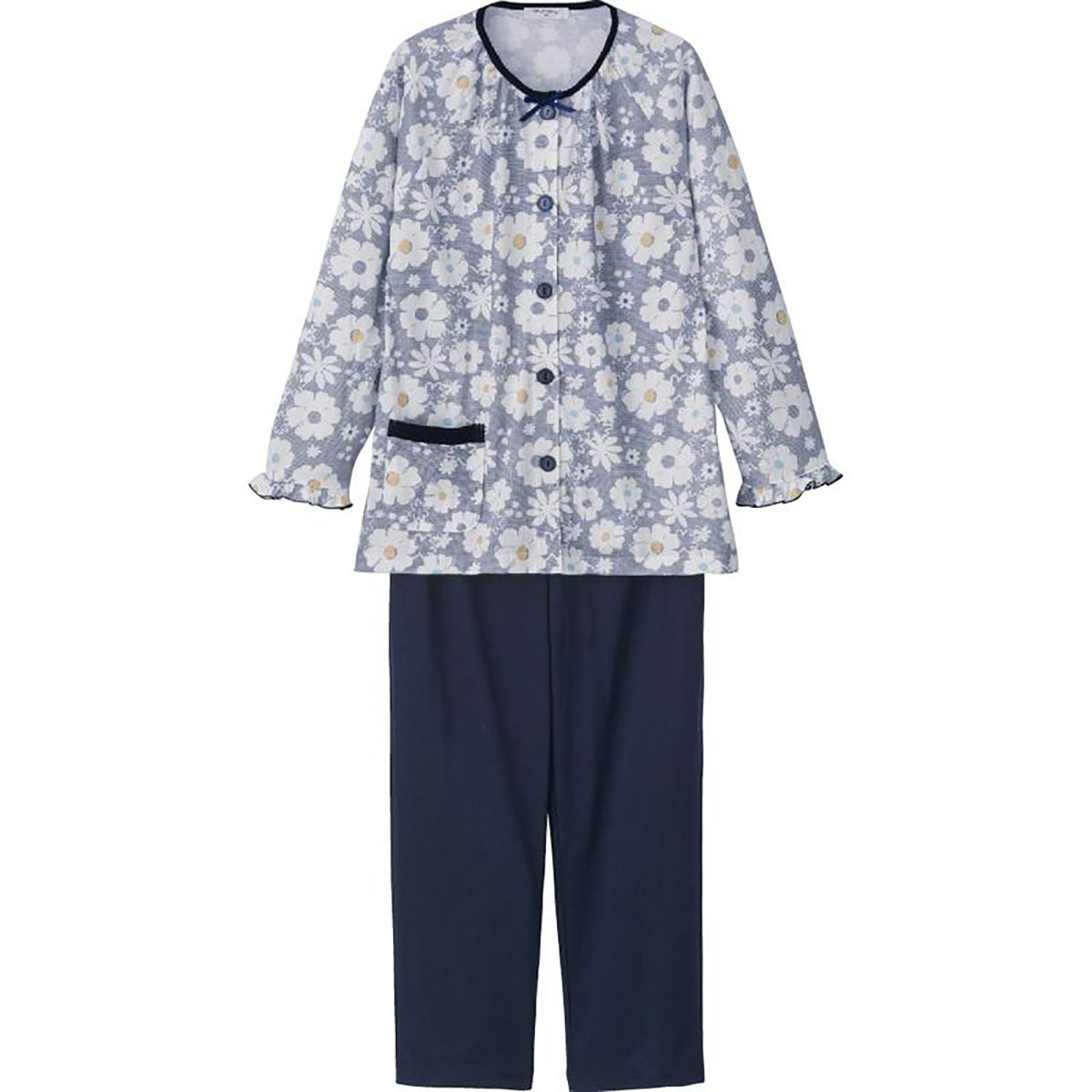 天竺花柄大きめボタンパジャマ ネイビー M/L/LL