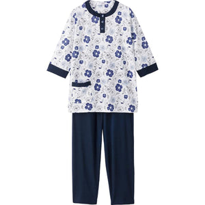 針抜き天竺線花7分袖パジャマ ネイビー M/L
