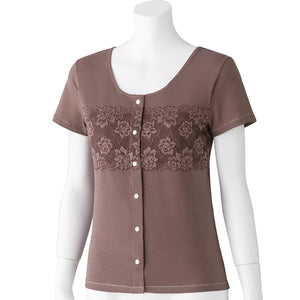 カップ付レース半袖ホックインナー ブラウン M/L/LL