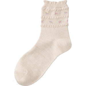 すべり止め付麻混ソックス(花柄) ベージュ 22~24cm