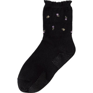 すべり止め付き涼感素材ソックス(花柄) ブラック 22~24cm