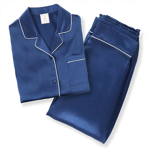 シルク 長袖パジャマ 上下セット 快眠 部屋着 ナイトウェア ネイビー M/L