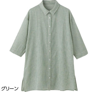 7分袖ストライプブラウス グリーン M~L
