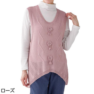 ニット花モチーフベスト ローズ M~L