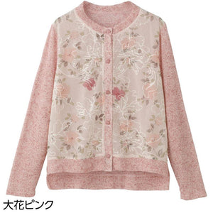 オーガンジー花柄切替カーディガン 大花ピンク M~L