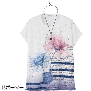 ネックレス付Tシャツ 花ボーダー M~L
