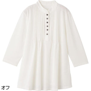 7分袖ピンタック半開チュニック オフ M~L