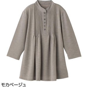 7分袖ピンタック半開チュニック モカベージュ LL