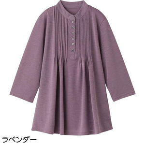 7分袖ピンタック半開チュニック ラベンダー M~L