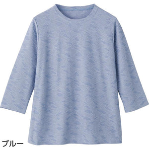 7分袖幾何柄ジャカードTシャツ ブルー LL
