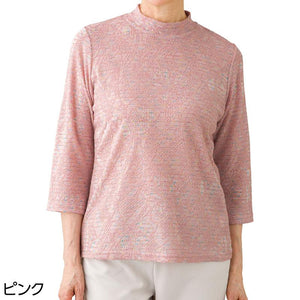 7分袖かすりジャカードTシャツ ピンク LL