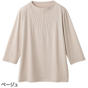 7分袖衿元ピンタックTシャツ ベージュ M~L