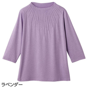 7分袖衿元ピンタックTシャツ ラベンダー M~L