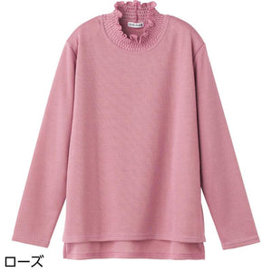 後ろ長め薄起毛シャーリング衿Tシャツ ローズ M~L